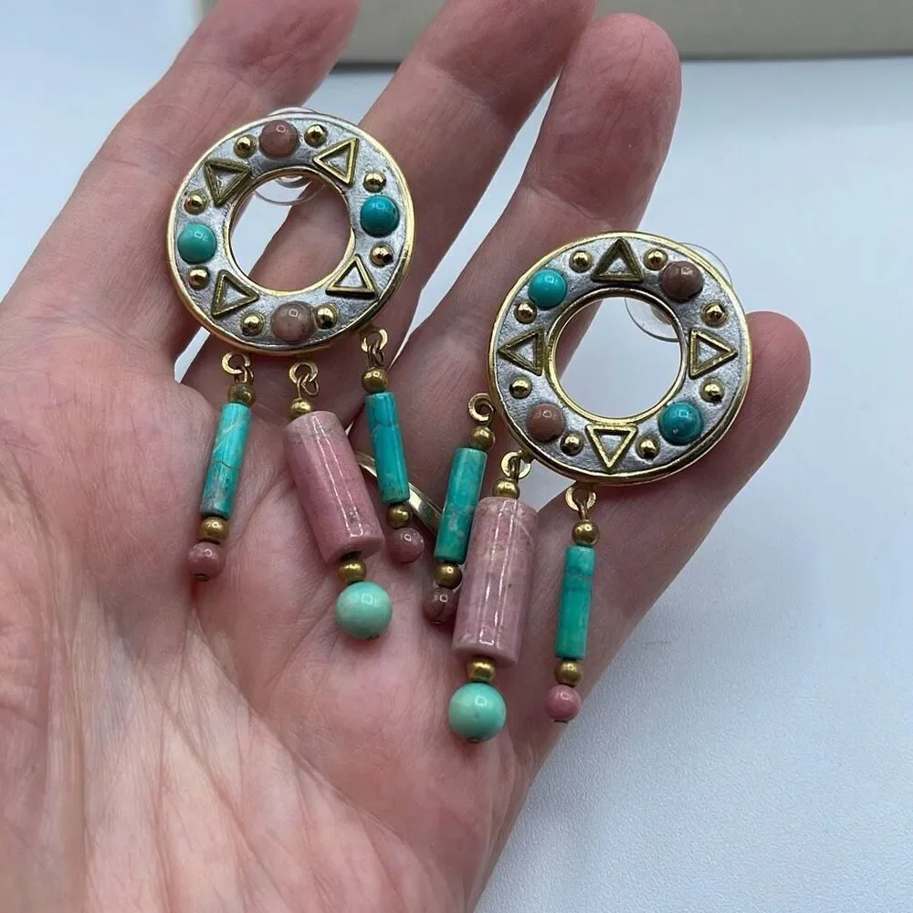 Vintage boho Aztec ethnic dangle beaded fringe earrings